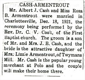 A newspaper article about the wedding of mr. Albert j. Cash and mrs. Rose b. Armentrout