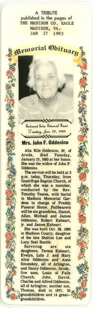 A memorial card for the late mrs. John f. Oddenino