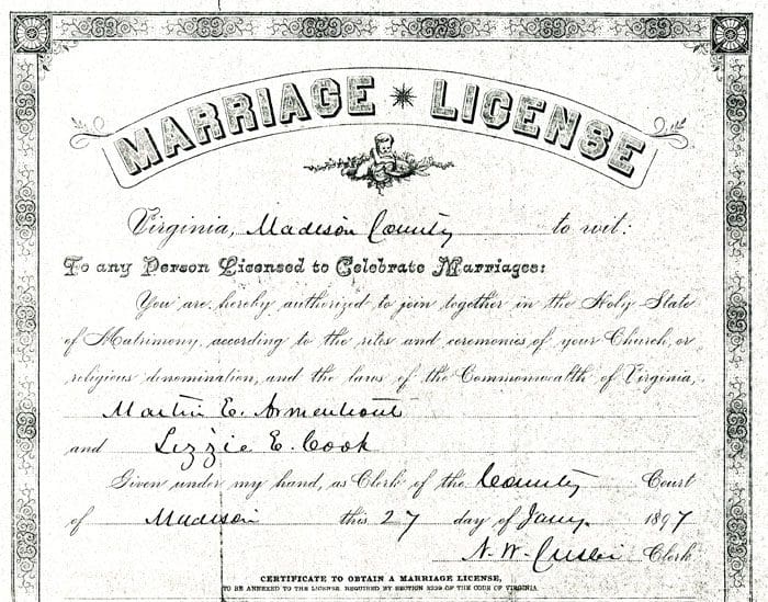 A marriage license for a couple in the 1 8 0 0 's.