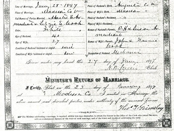 A page of an old marriage record.