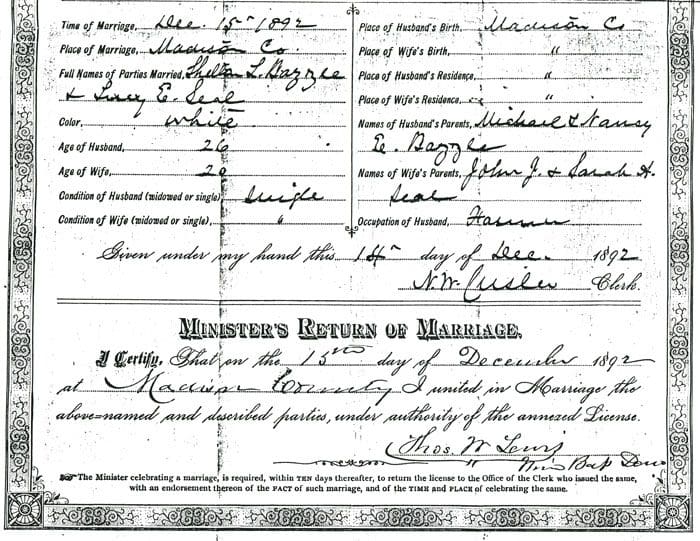 A marriage certificate for the bride and groom.