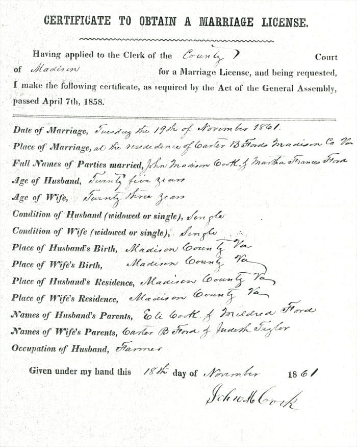 A page of the marriage record for a couple.