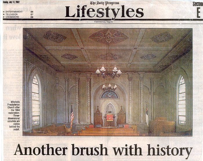 A newspaper article with an image of a church.