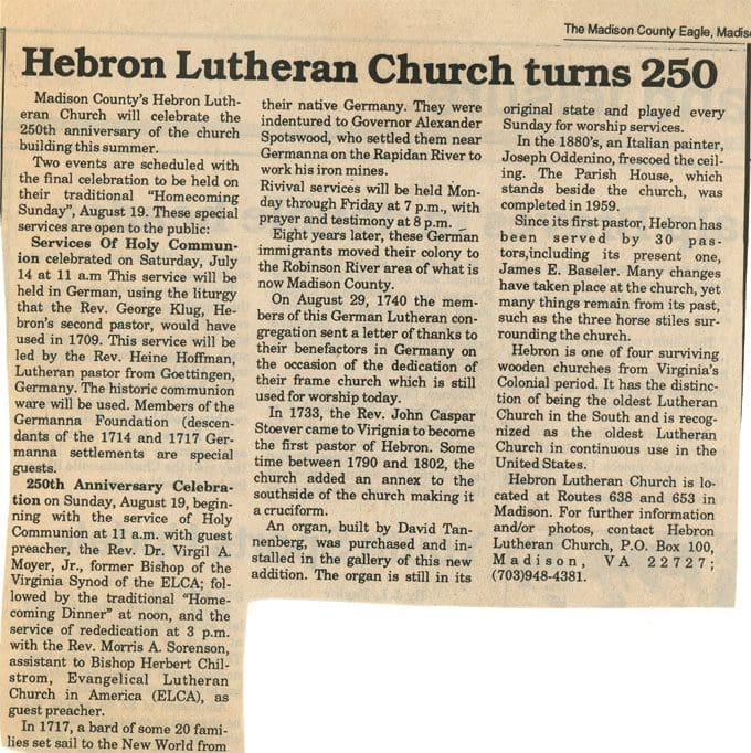 A newspaper article about hebron lutheran church