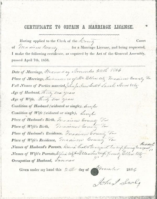 A marriage certificate for the bride and groom.