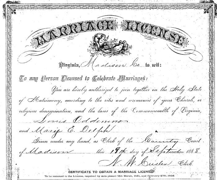 A marriage license for an old time wedding.