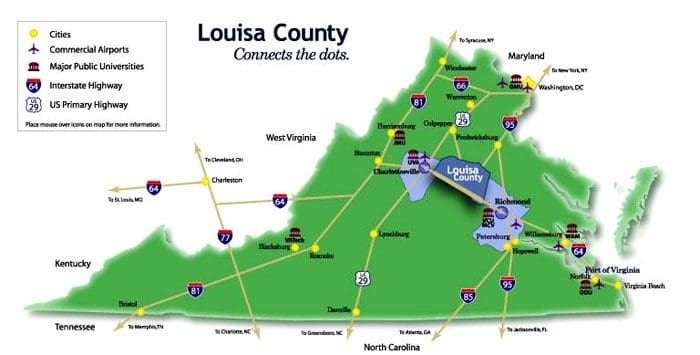 A map of louisa county with the location of the town.