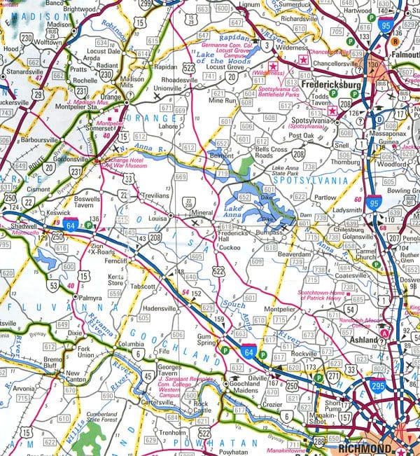 A map of the countryside with roads and highways.