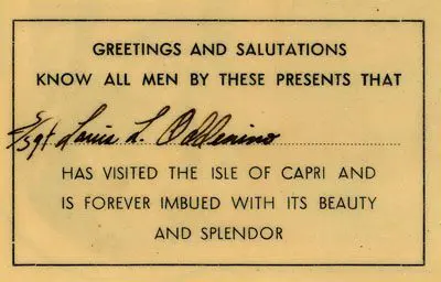 A card with the name of an island in capri and a signature.