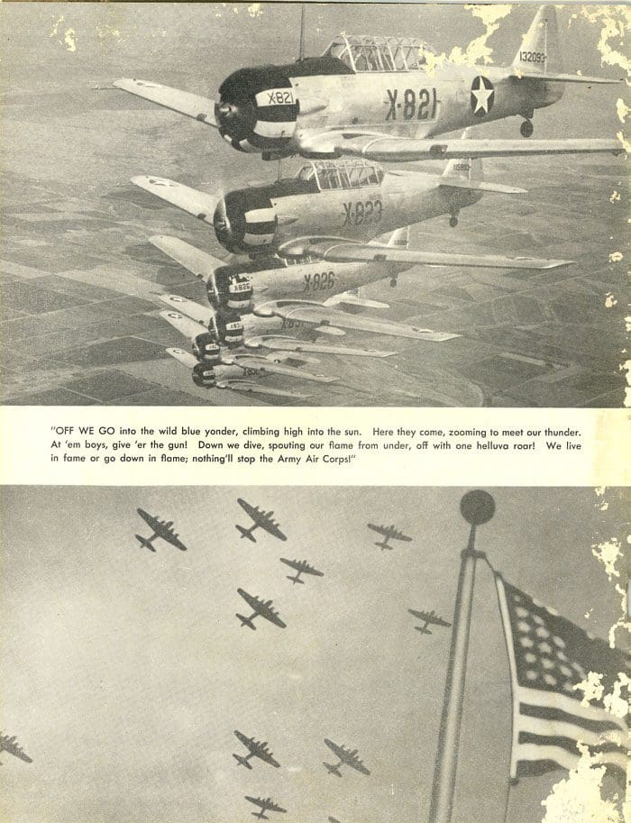 A page from an old book showing planes flying in formation.