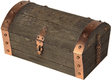 A wooden chest with copper chains on it.