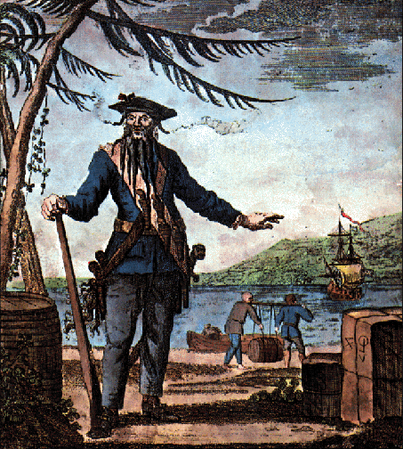 A man in pirate costume standing next to a body of water.