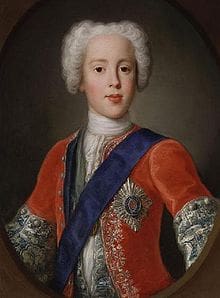 A painting of a young man in an orange and blue outfit.