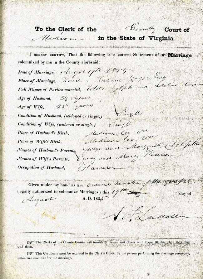 A page of an old marriage certificate.