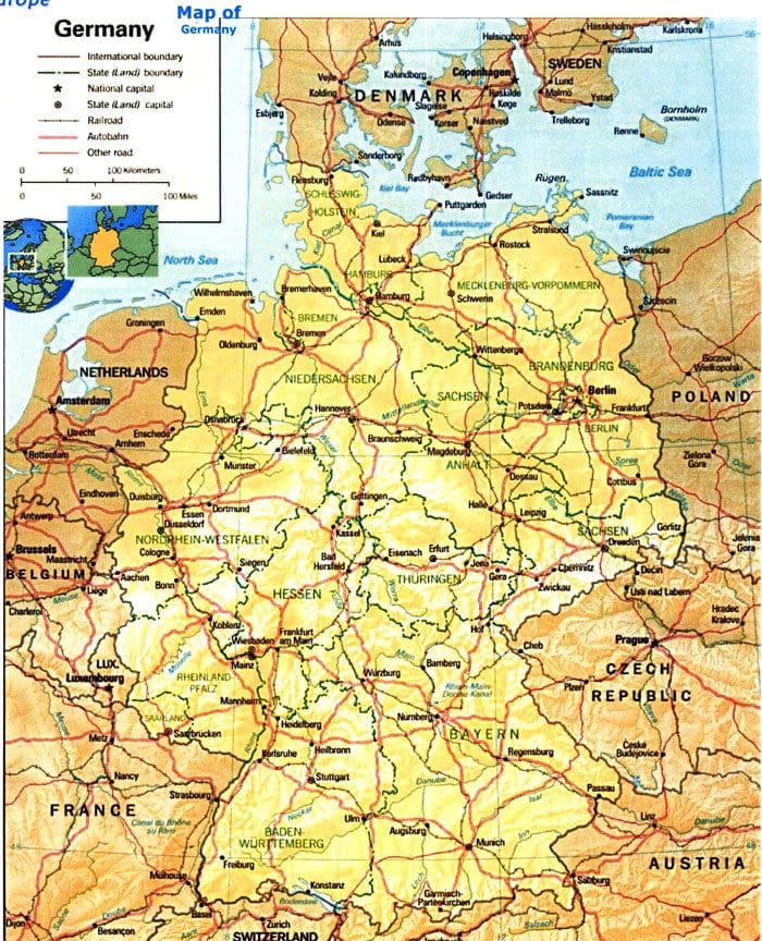 A map of germany with the country names and roads.