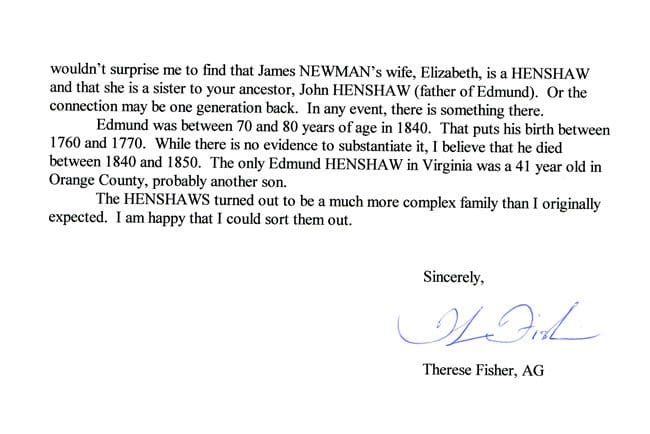 A letter from the family of john henshaw