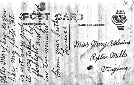 A black and white image of an old postcard.