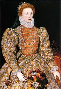 A painting of a woman in an orange and gold dress.