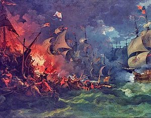 A painting of a battle scene with ships and boats.