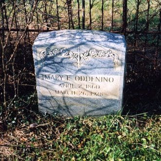 A white tombstone in the grass near a fence.