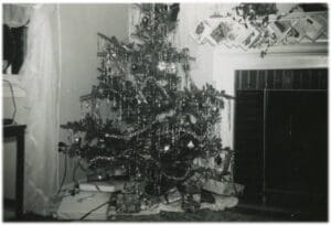 A black and white photo of a christmas tree.