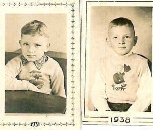 Two old photographs of a boy in his early years and then the same.