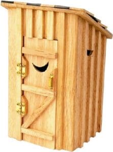 A wooden outhouse with a door open and the door closed.