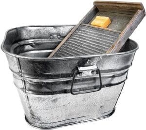 A bucket with a metal tray and a wooden grater in it.