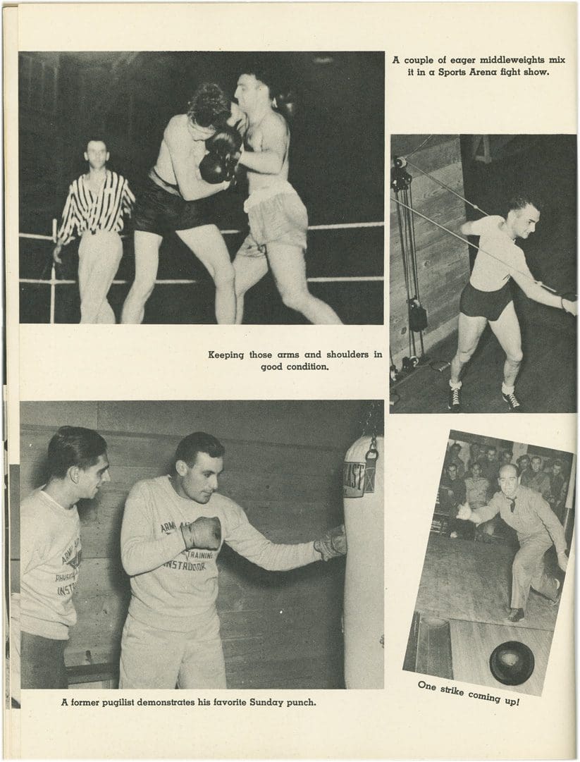 A black and white photo of men in boxing gear.