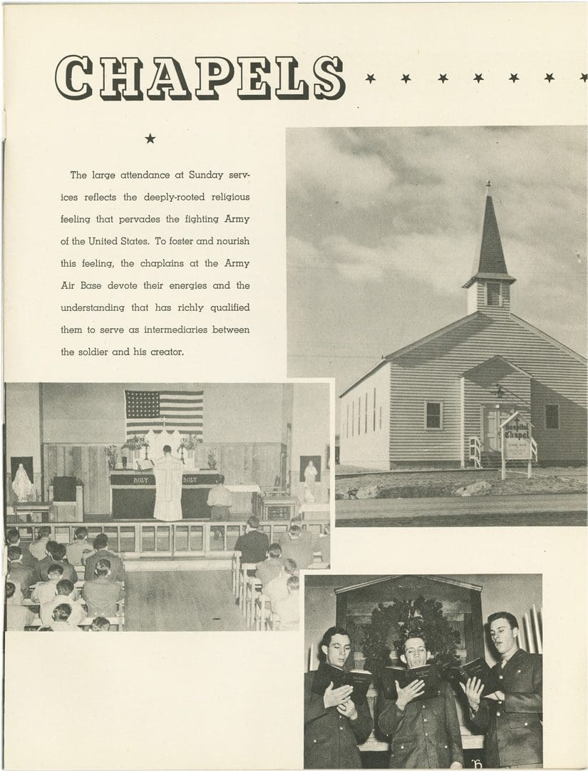 A black and white picture of a church with people in it.