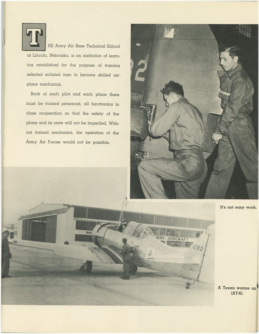 A black and white photo of men working on a plane.