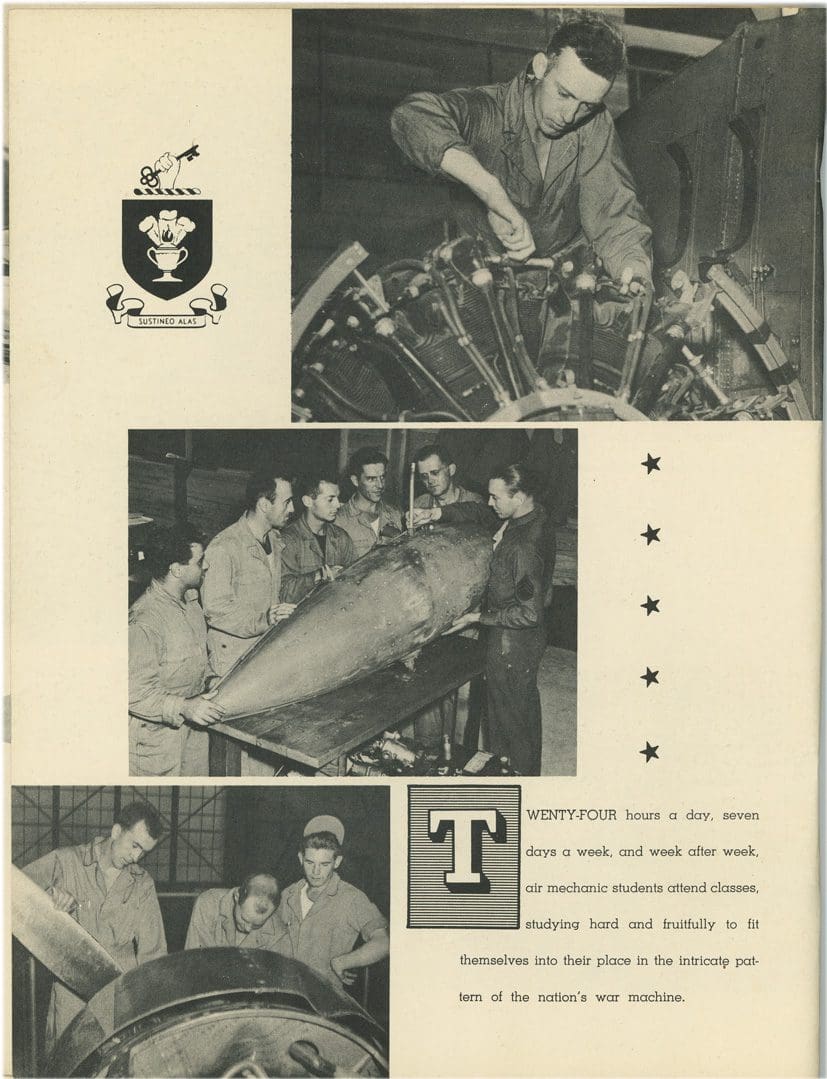 A black and white picture of men working on a plane.