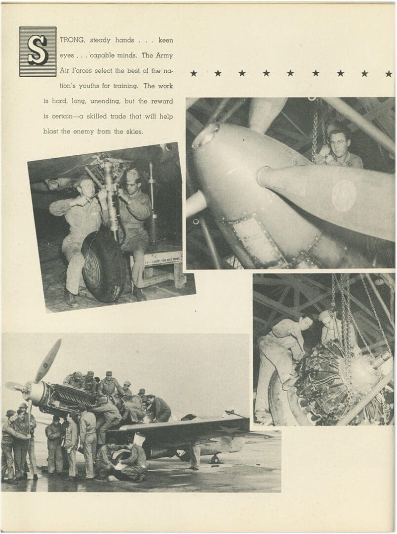 A black and white photo of men working on a plane.