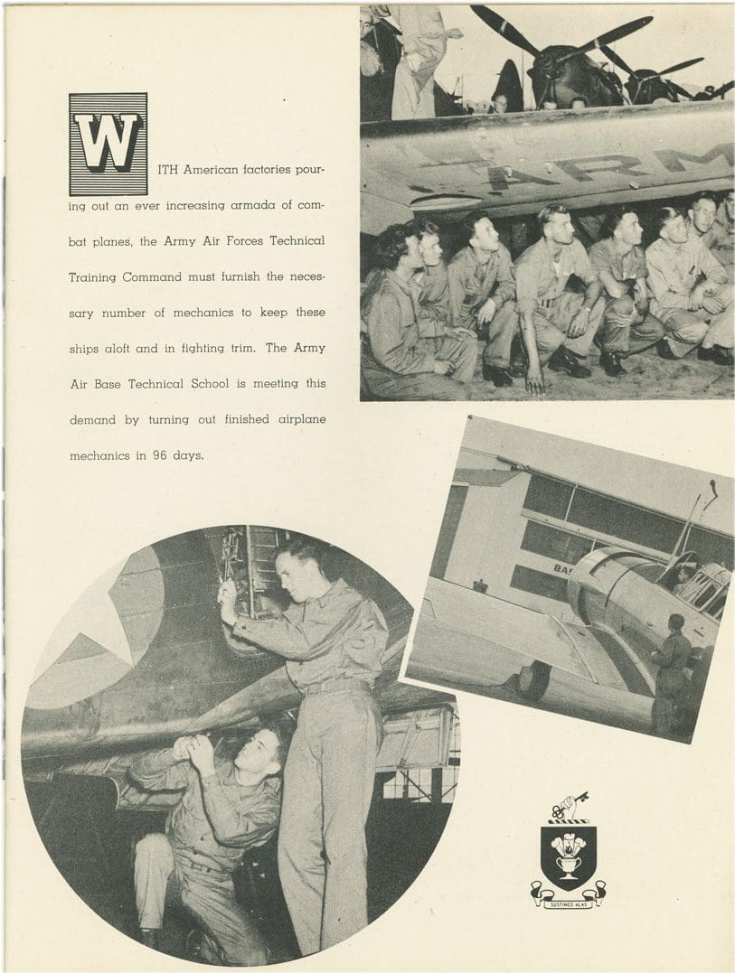 A black and white photo of men working on a plane.