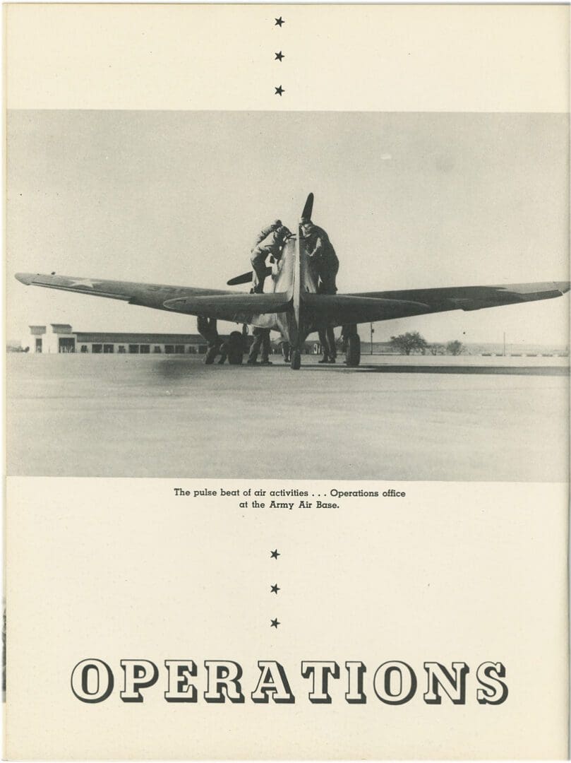 A black and white photo of a plane with the words operations on it.