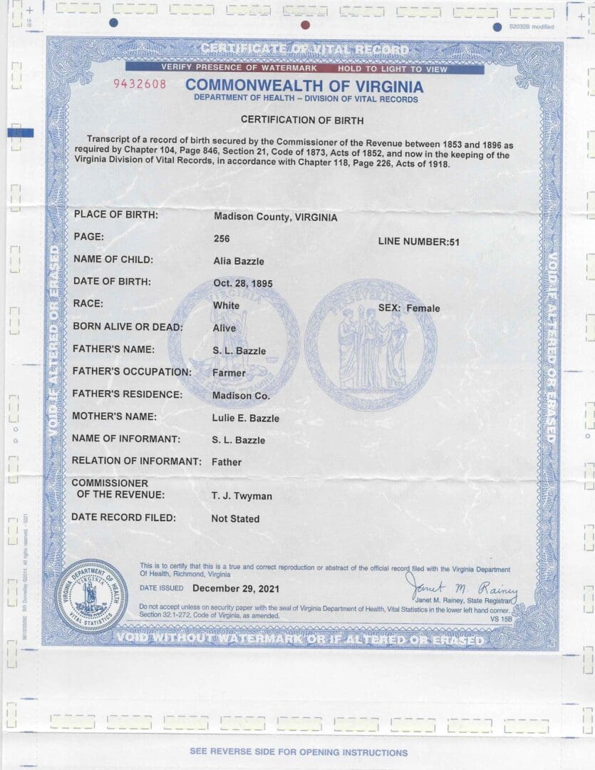 An image of a birth certificate in the state of virginia.